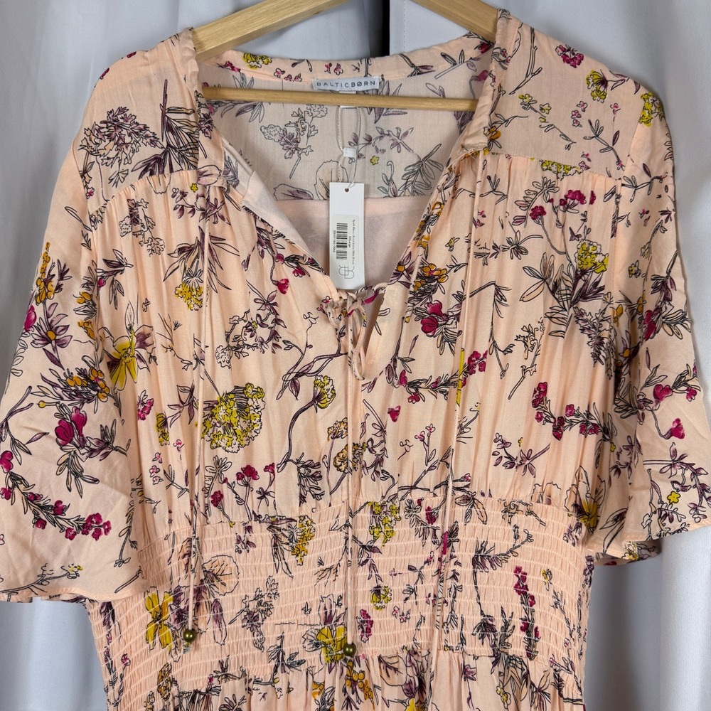 Baltic Born Spell Blush Floral Boho Midi Dress XXL Smocked Tiered Short Sleeve